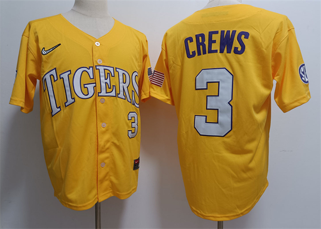 Men's LSU Tigers #3 ylan Crews Gold 2023 Stitched Baseball Jersey